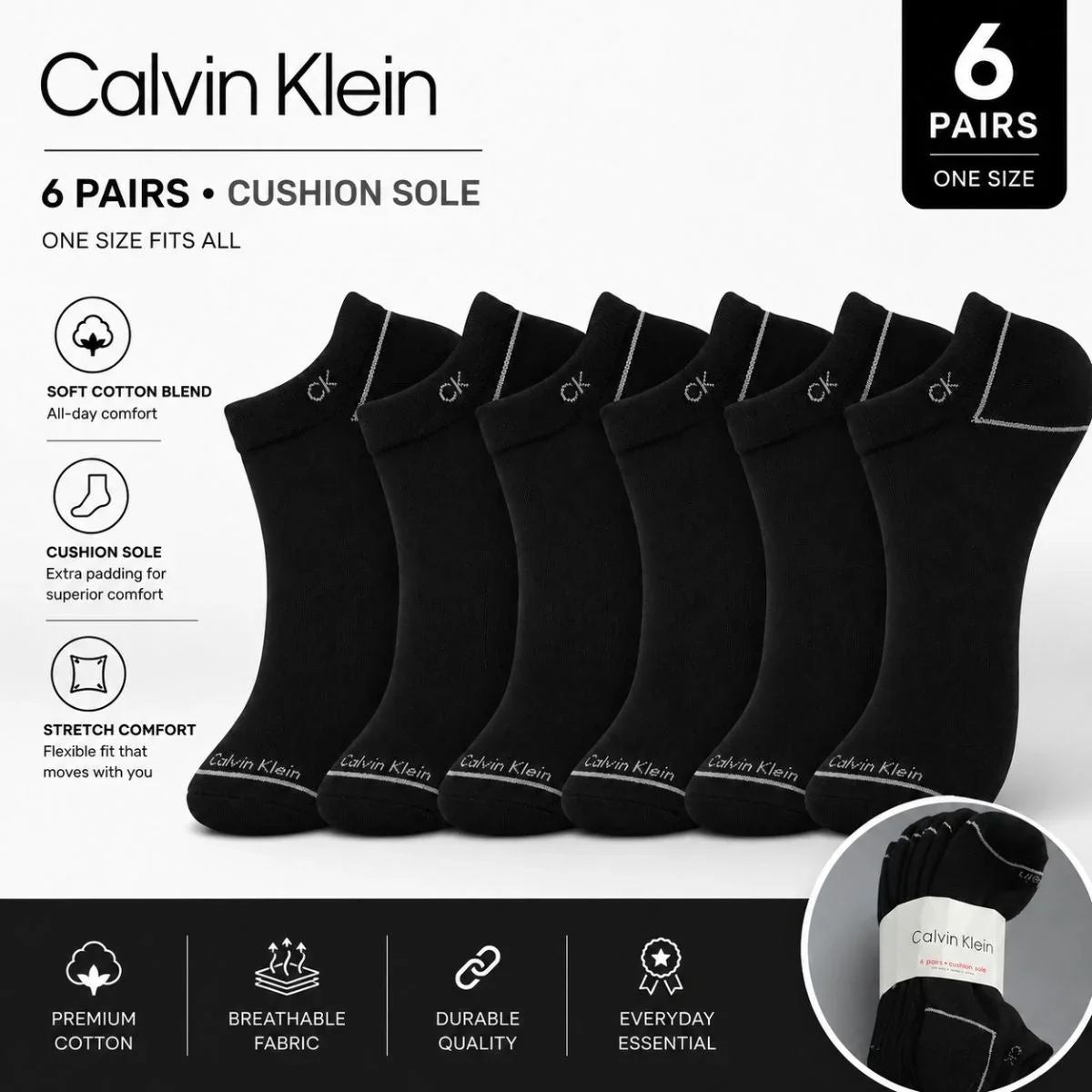Calvin Klein Logo 6-Pack Low Cut Socks Code C205 - BLK - Image 2