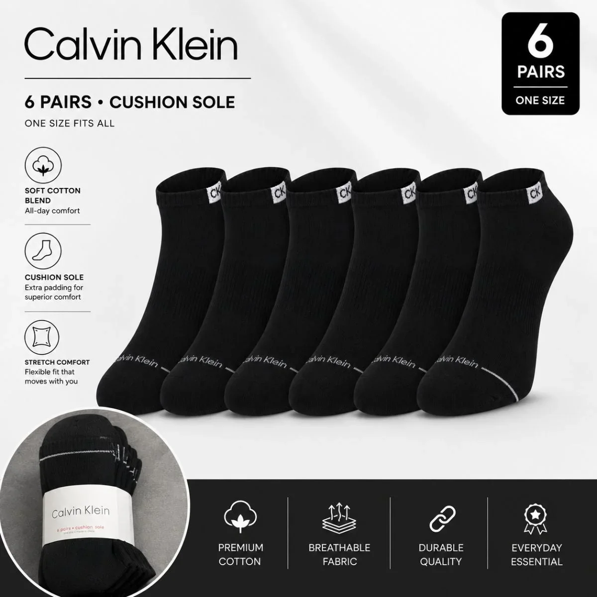 Calvin Klein Logo 6-Pack Low Cut Socks Code C205 - BLK - Image 4