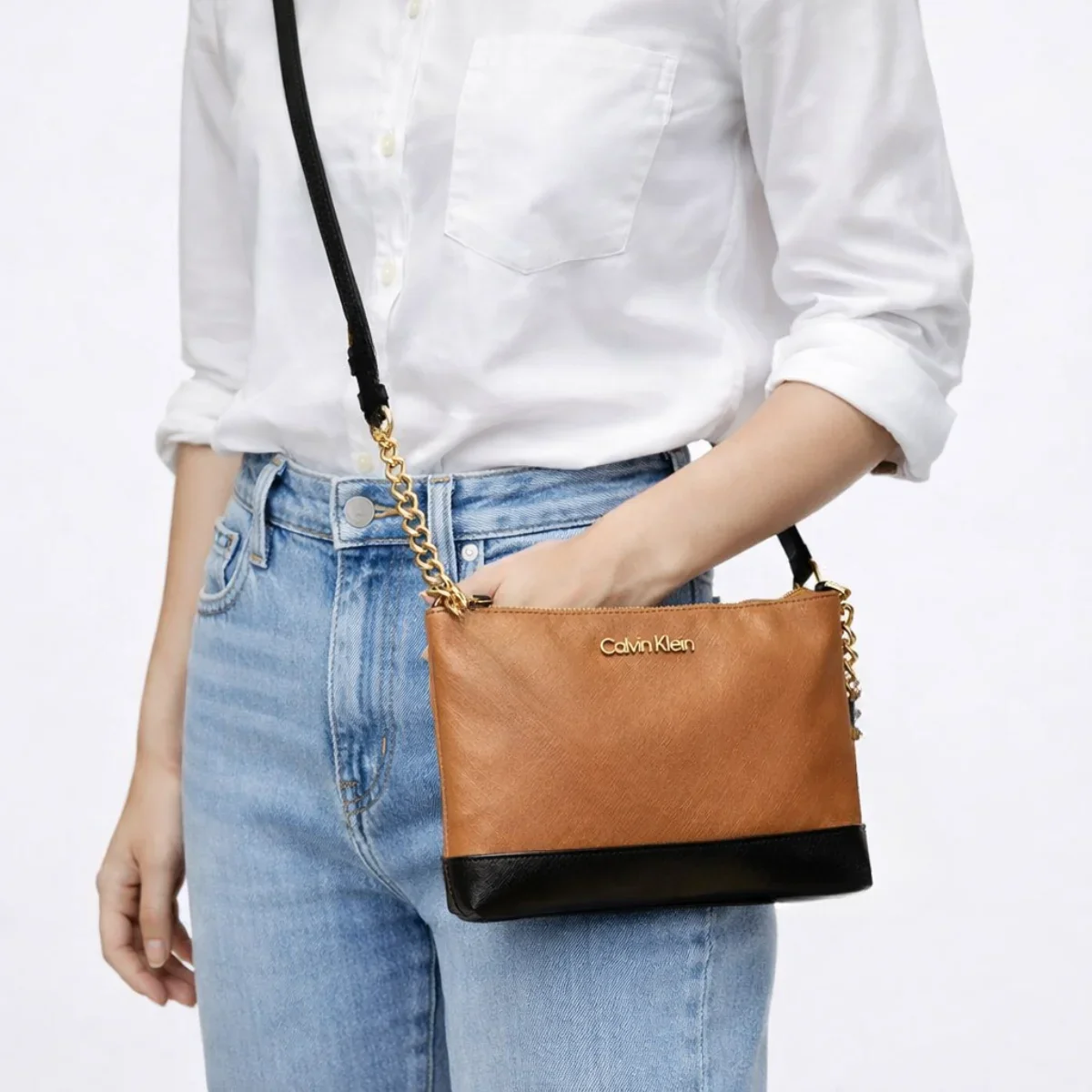 Calvin Klein Metallic Chain Accent Sling Bag Crossbody Women - TANBLK - Image 2