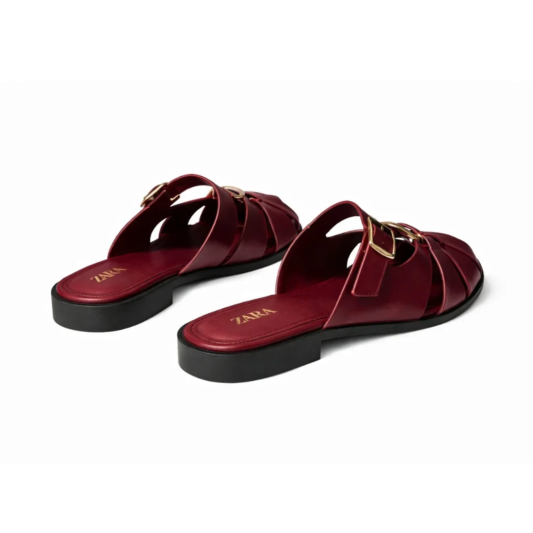 ZARA Classic Leather Sandal with Gold Detail Women 1514-210-MAR - Image 3